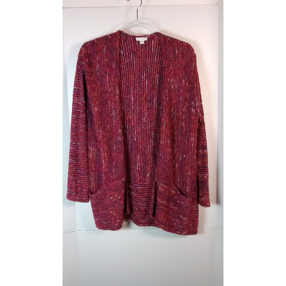 J Jill Sweater Women Sz SP Burgundy/Blue Mix CottonBlend Open Cardigan Pocket